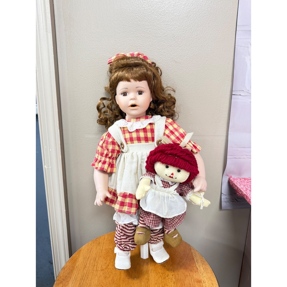 Vintage Porcelain Collector Doll Gingham Dress with Rag Doll Companion